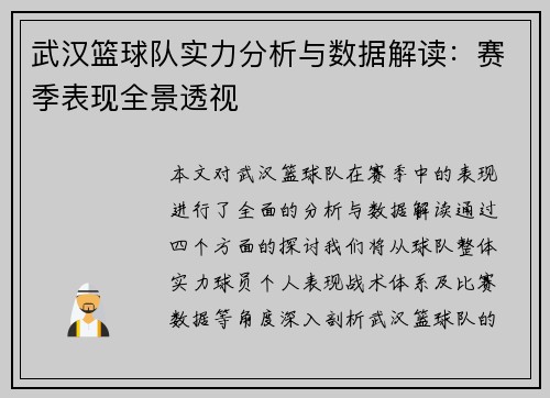 武汉篮球队实力分析与数据解读：赛季表现全景透视