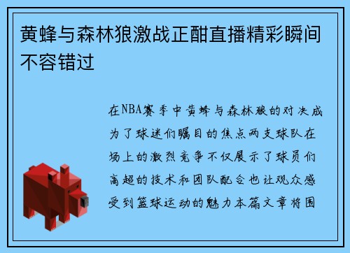 黄蜂与森林狼激战正酣直播精彩瞬间不容错过
